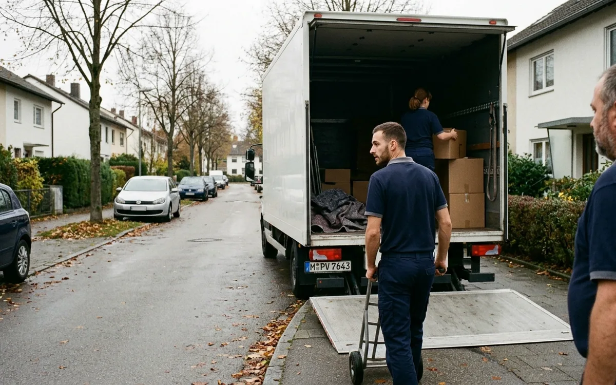 Transporter steht in einer Zufahrt, ein Helfer prüft den Weg bis zur Haustür