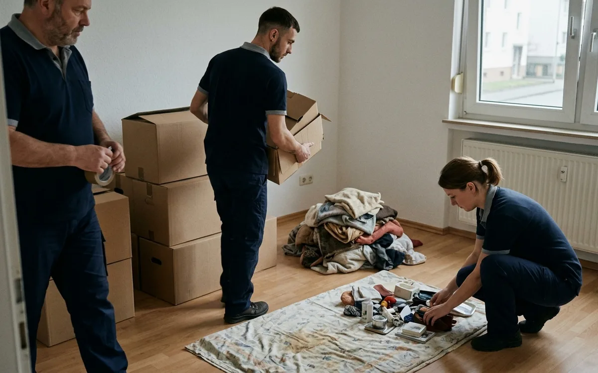 Haushaltsauflösung, der Hausrat im Wohnzimmer ist nach Verbleib sortiert