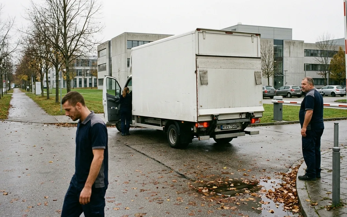 Zufahrt zu einem Campusgebäude, der Transporter steht an der Laderampe