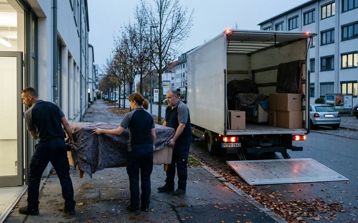 Bürogebäude mit Glasfassade, Rollcontainer werden über den Vorplatz geschoben