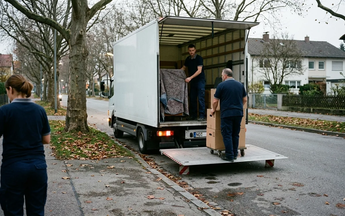 Umzugswagen parkt unter Alleebäumen, die Mannschaft trägt zur Haustür