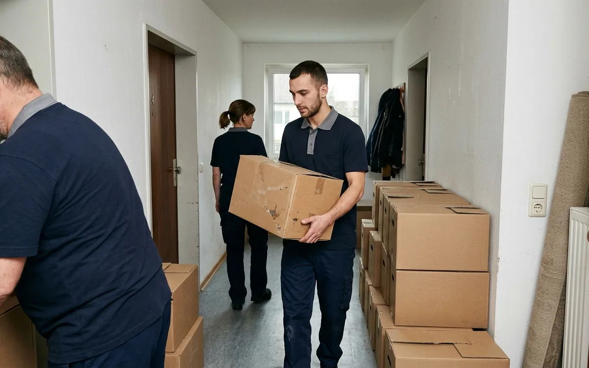 Privatumzug: Träger bringen Umzugskartons durch den Wohnungsflur