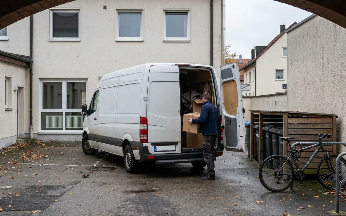 Beladen im Hinterhof, der Weg zum Wagen führt durch die Durchfahrt