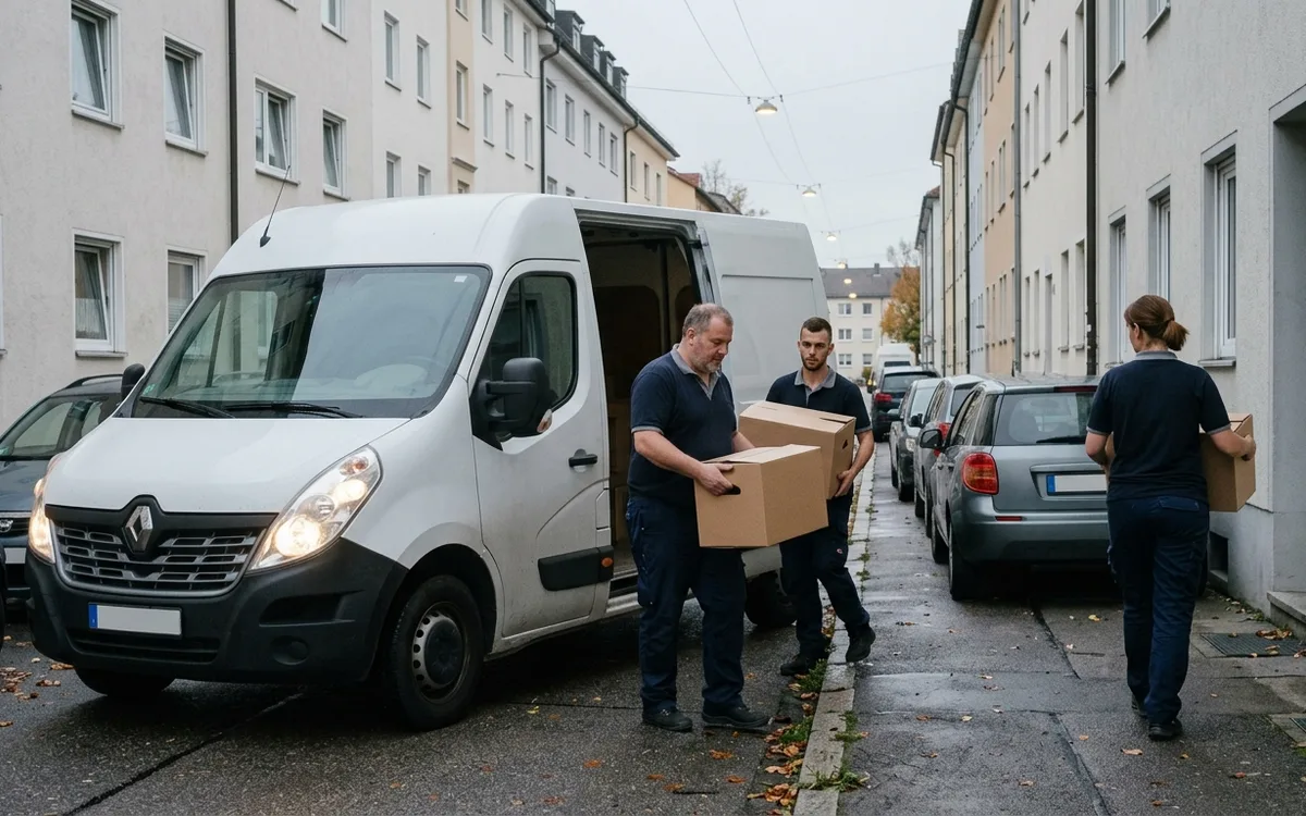 Umzugstransporter in einer engen Innenstadtstraße