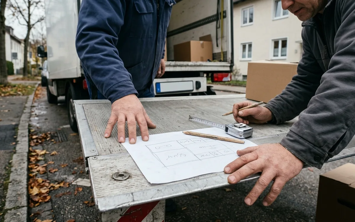 Ladeplan am Klemmbrett vor dem geöffneten Laderaum