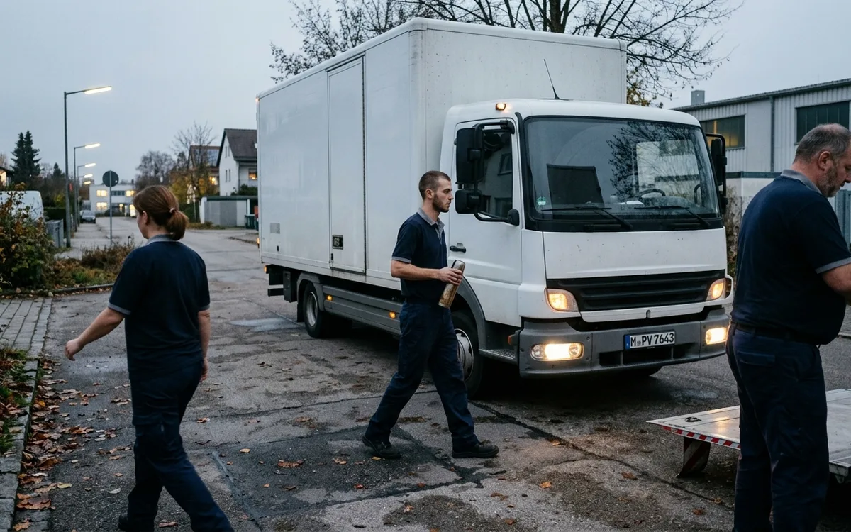 Abfahrt am frühen Morgen, der Wagen steht beladen vor dem Haus