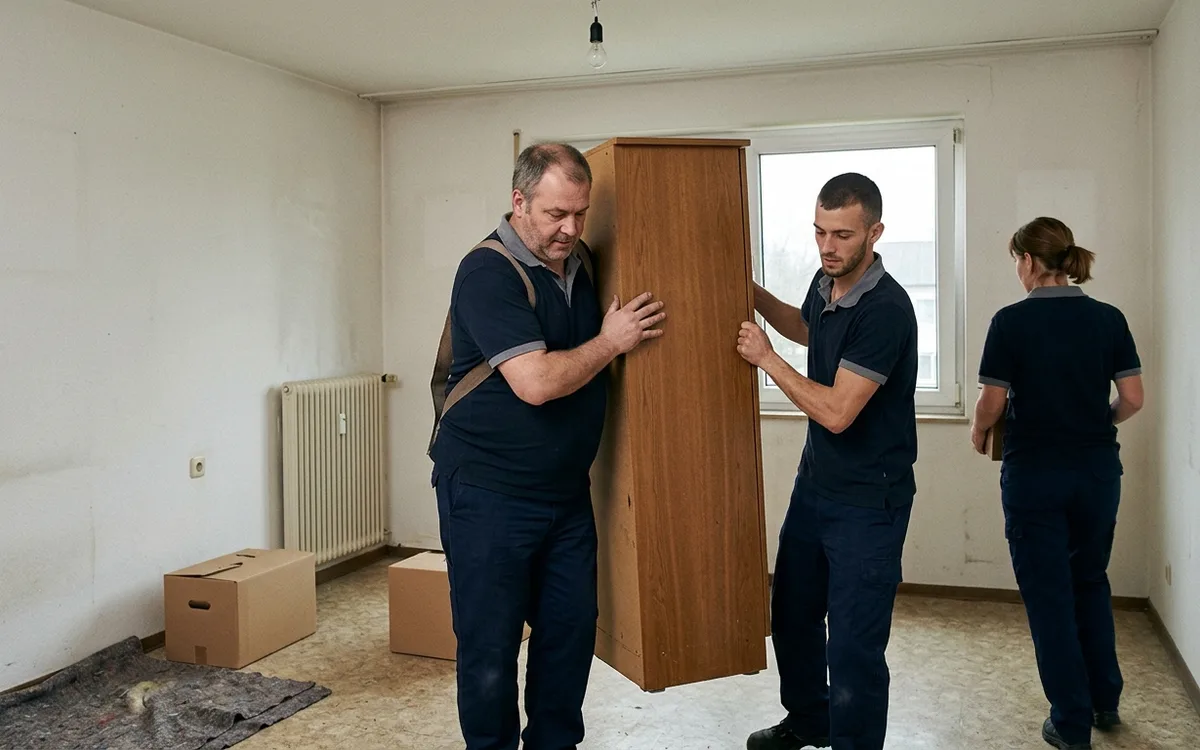Zwei Umzugshelfer tragen einen Schrank mit Tragegurten